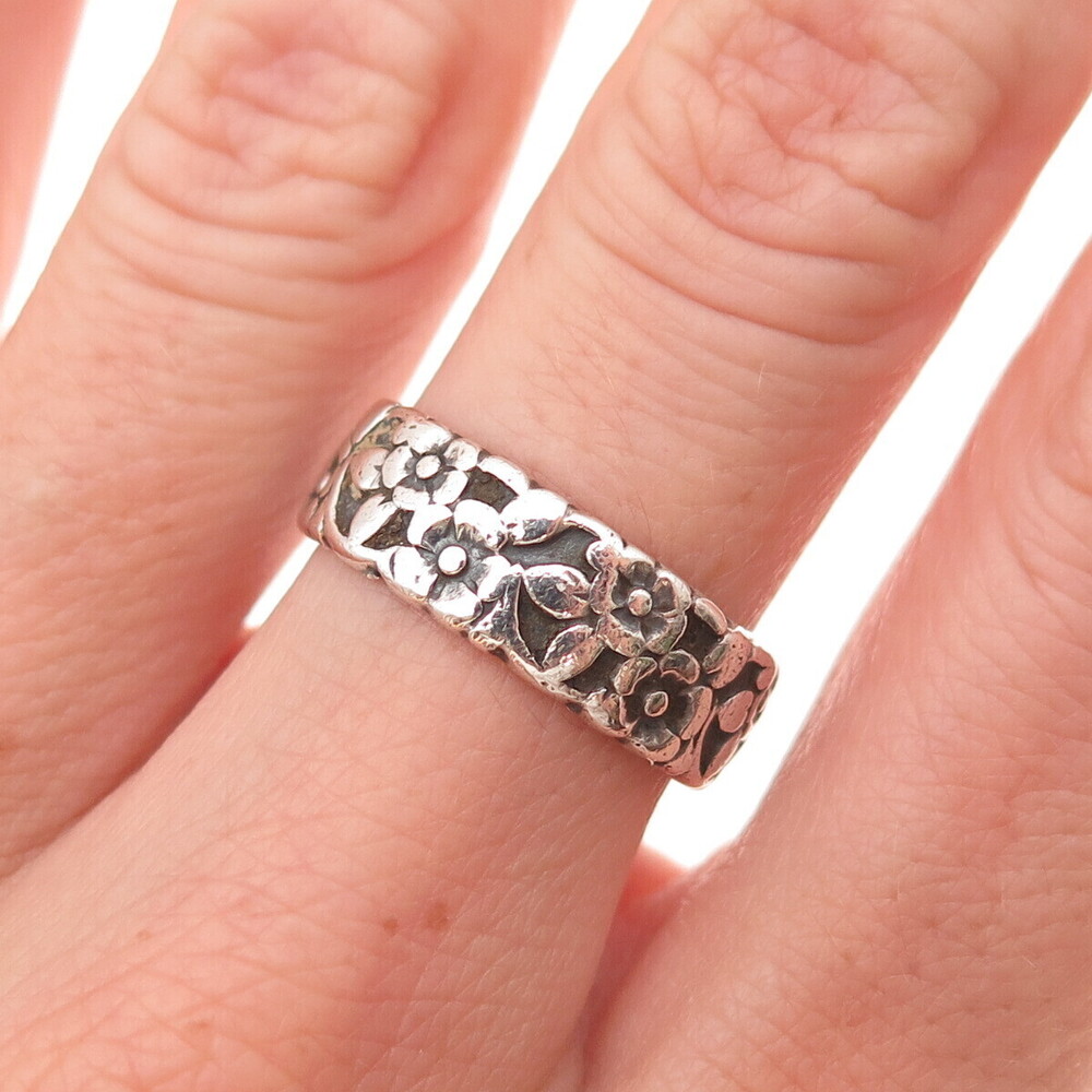 925 Sterling Silver Antique Art Deco Forget Me Not Floral Oxidized Ring Size 7